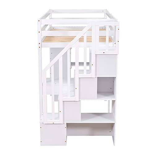 MERITLINE Twin Size Loft Bed with Desk and Stairs,Wooden Twin Loft Bed with Storage Drawers and Shelves, Kids Loft Bed Twin for Girls Boys Bedroom, Dorm(Twin,White)