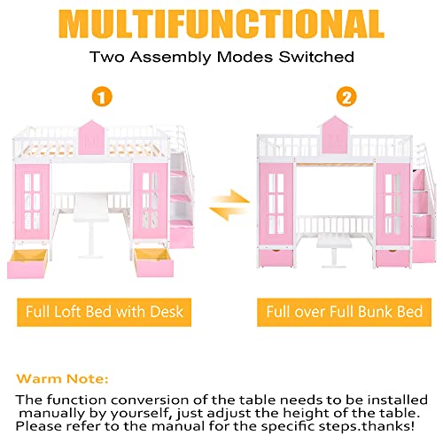MERITLINE Full Loft Beds with Stairs and Desk, Wooden Castle Shaped Full Over Full Bunk Bed with Changeable Desk,Storage Bunk Bed with Drawers for Kids Girls Boys Teens, Pink