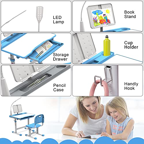 BELANITAS Kids Desk and Chair Set 5-8 Year Old, Height Adjustable Desks for Boys and Girls with 40-Degree Tiltable Desktop, Kids Study Desk and Chair Set for Kids, Sky Blue
