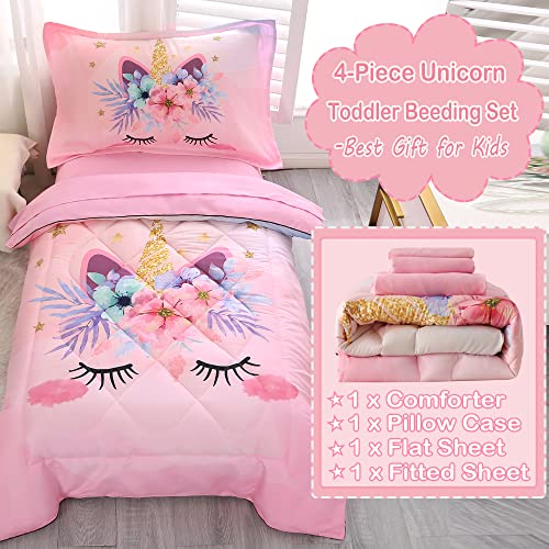 Toddler Bedding Set for Girls 4 Piece Pink Unicorn Flower Toddler Bed Comforter Set for Kids Bed-in-a-Bag Bedspreads Quilt Toddler Sheet Set with Quilted Comforter,Flat Sheet,Fitted Sheet,Pillowcase