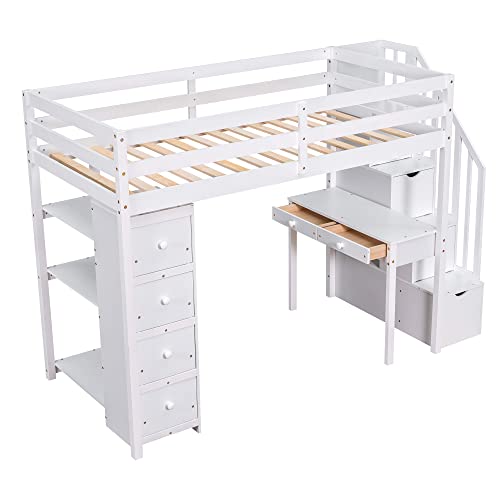 MERITLINE Twin Size Loft Bed with Desk and Stairs,Wooden Twin Loft Bed with Storage Drawers and Shelves, Kids Loft Bed Twin for Girls Boys Bedroom, Dorm(Twin,White)