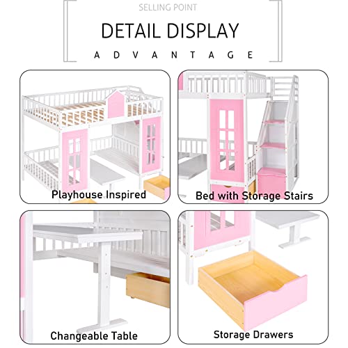 MERITLINE Full Loft Beds with Stairs and Desk, Wooden Castle Shaped Full Over Full Bunk Bed with Changeable Desk,Storage Bunk Bed with Drawers for Kids Girls Boys Teens, Pink
