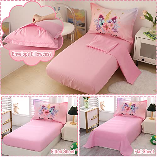 Toddler Bedding Set for Girls 4 Piece Pink Unicorn Flower Toddler Bed Comforter Set for Kids Bed-in-a-Bag Bedspreads Quilt Toddler Sheet Set with Quilted Comforter,Flat Sheet,Fitted Sheet,Pillowcase