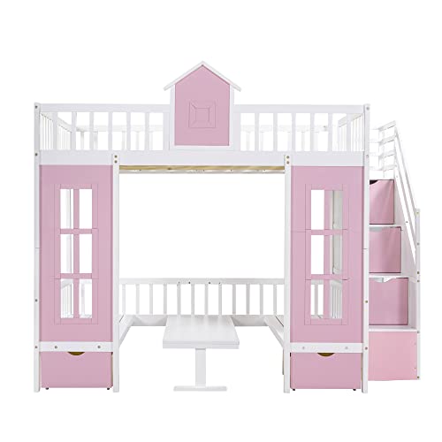 MERITLINE Full Loft Beds with Stairs and Desk, Wooden Castle Shaped Full Over Full Bunk Bed with Changeable Desk,Storage Bunk Bed with Drawers for Kids Girls Boys Teens, Pink
