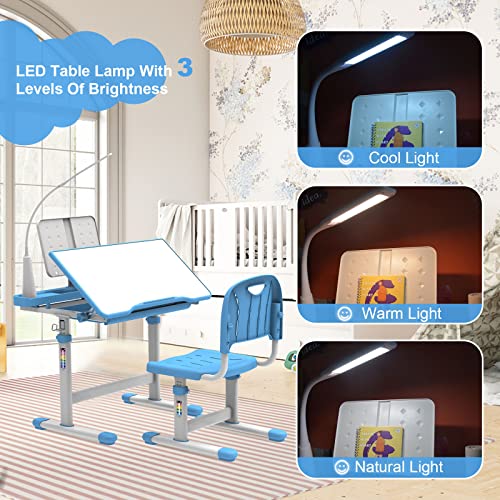 BELANITAS Kids Desk and Chair Set 5-8 Year Old, Height Adjustable Desks for Boys and Girls with 40-Degree Tiltable Desktop, Kids Study Desk and Chair Set for Kids, Sky Blue