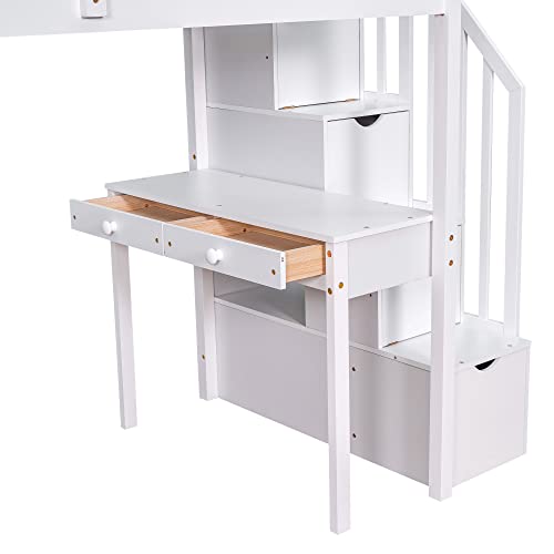 MERITLINE Twin Size Loft Bed with Desk and Stairs,Wooden Twin Loft Bed with Storage Drawers and Shelves, Kids Loft Bed Twin for Girls Boys Bedroom, Dorm(Twin,White)
