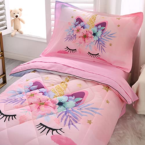 Toddler Bedding Set for Girls 4 Piece Pink Unicorn Flower Toddler Bed Comforter Set for Kids Bed-in-a-Bag Bedspreads Quilt Toddler Sheet Set with Quilted Comforter,Flat Sheet,Fitted Sheet,Pillowcase