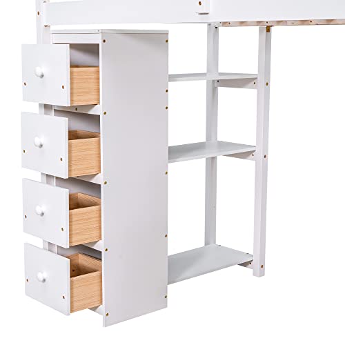 MERITLINE Twin Size Loft Bed with Desk and Stairs,Wooden Twin Loft Bed with Storage Drawers and Shelves, Kids Loft Bed Twin for Girls Boys Bedroom, Dorm(Twin,White)