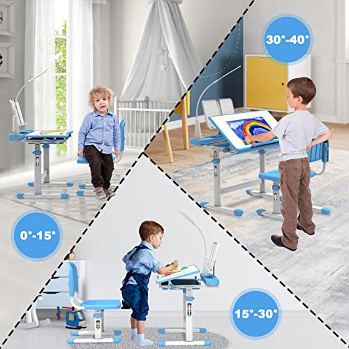 BELANITAS Kids Desk and Chair Set 5-8 Year Old, Height Adjustable Desks for Boys and Girls with 40-Degree Tiltable Desktop, Kids Study Desk and Chair Set for Kids, Sky Blue
