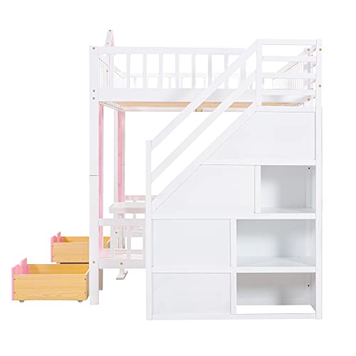 MERITLINE Full Loft Beds with Stairs and Desk, Wooden Castle Shaped Full Over Full Bunk Bed with Changeable Desk,Storage Bunk Bed with Drawers for Kids Girls Boys Teens, Pink