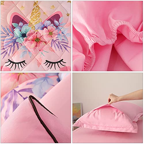 Toddler Bedding Set for Girls 4 Piece Pink Unicorn Flower Toddler Bed Comforter Set for Kids Bed-in-a-Bag Bedspreads Quilt Toddler Sheet Set with Quilted Comforter,Flat Sheet,Fitted Sheet,Pillowcase