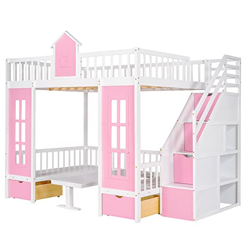 MERITLINE Full Loft Beds with Stairs and Desk, Wooden Castle Shaped Full Over Full Bunk Bed with Changeable Desk,Storage Bunk Bed with Drawers for Kids Girls Boys Teens, Pink