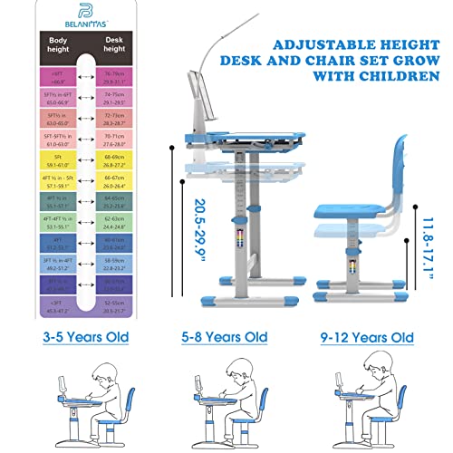 BELANITAS Kids Desk and Chair Set 5-8 Year Old, Height Adjustable Desks for Boys and Girls with 40-Degree Tiltable Desktop, Kids Study Desk and Chair Set for Kids, Sky Blue