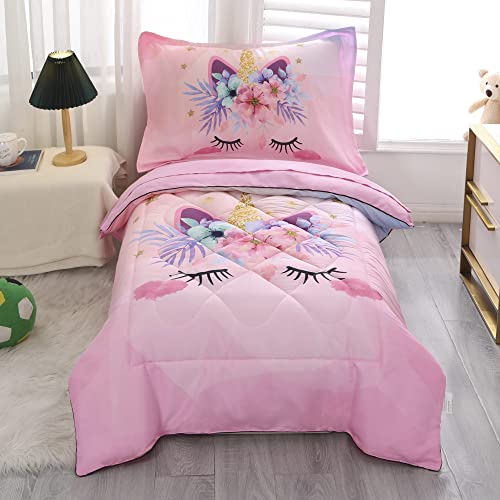 Toddler Bedding Set for Girls 4 Piece Pink Unicorn Flower Toddler Bed Comforter Set for Kids Bed-in-a-Bag Bedspreads Quilt Toddler Sheet Set with Quilted Comforter,Flat Sheet,Fitted Sheet,Pillowcase