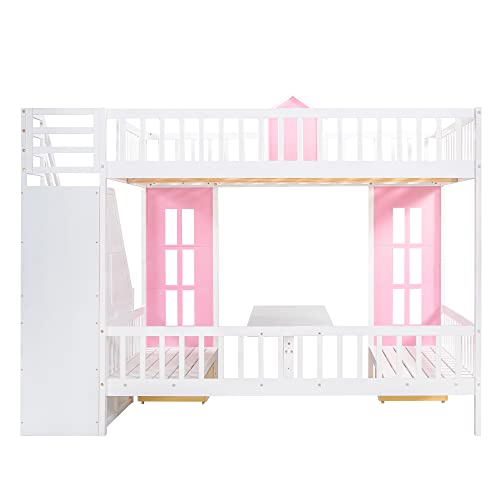 MERITLINE Full Loft Beds with Stairs and Desk, Wooden Castle Shaped Full Over Full Bunk Bed with Changeable Desk,Storage Bunk Bed with Drawers for Kids Girls Boys Teens, Pink