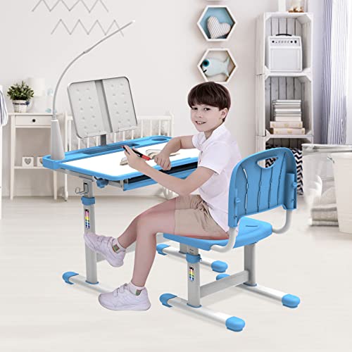 BELANITAS Kids Desk and Chair Set 5-8 Year Old, Height Adjustable Desks for Boys and Girls with 40-Degree Tiltable Desktop, Kids Study Desk and Chair Set for Kids, Sky Blue