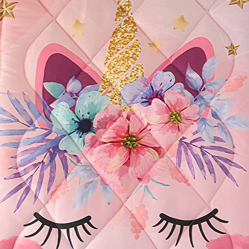 Toddler Bedding Set for Girls 4 Piece Pink Unicorn Flower Toddler Bed Comforter Set for Kids Bed-in-a-Bag Bedspreads Quilt Toddler Sheet Set with Quilted Comforter,Flat Sheet,Fitted Sheet,Pillowcase
