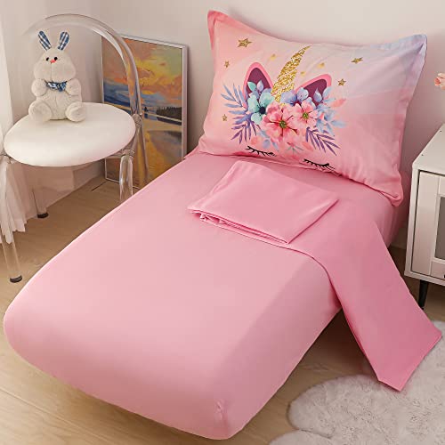 Toddler Bedding Set for Girls 4 Piece Pink Unicorn Flower Toddler Bed Comforter Set for Kids Bed-in-a-Bag Bedspreads Quilt Toddler Sheet Set with Quilted Comforter,Flat Sheet,Fitted Sheet,Pillowcase