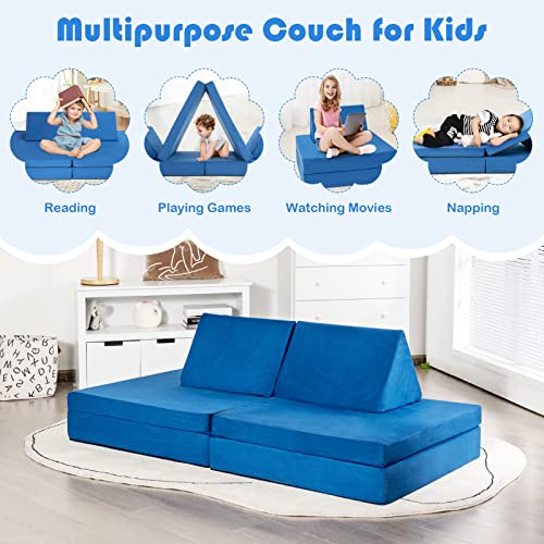 Costzon Convertible Kids Couch, 6-Piece Modular Sofa Playset / 2 Chair for Boy Girl w/Folding Mats & 2 Triangular Pillows, Washable Cover, Toddler to Teen Bedroom Playroom Furniture Activity Center