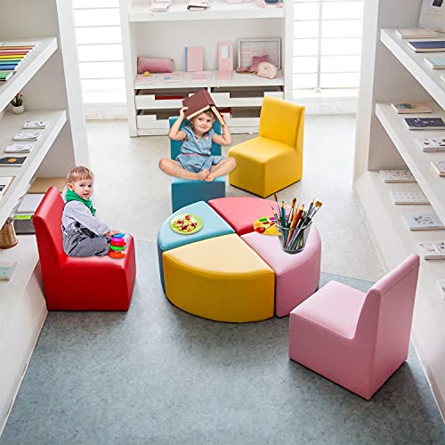 Kinsuite Kids Sofa Seating Set Convert to Table and 4 Chairs Colorful Stools for Toddlers Soft Foam Play 8 PCs Set for Classroom