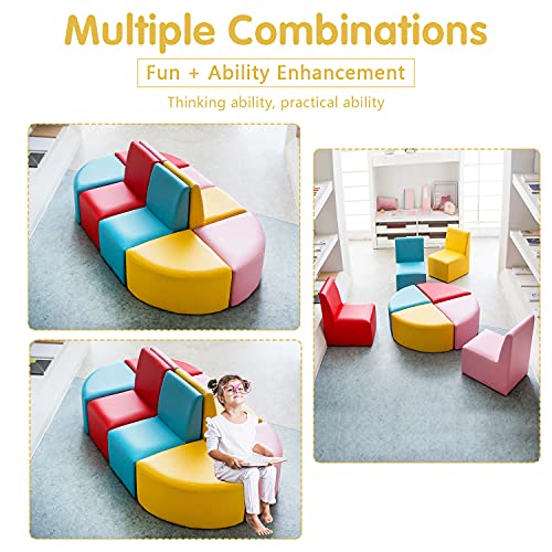 Kinsuite Kids Sofa Seating Set Convert to Table and 4 Chairs Colorful Stools for Toddlers Soft Foam Play 8 PCs Set for Classroom