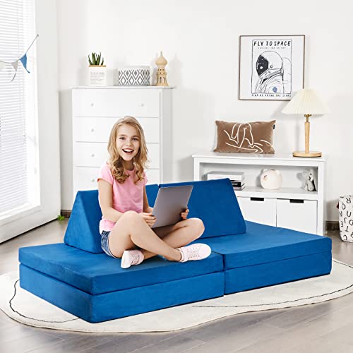 Costzon Convertible Kids Couch, 6-Piece Modular Sofa Playset / 2 Chair for Boy Girl w/Folding Mats & 2 Triangular Pillows, Washable Cover, Toddler to Teen Bedroom Playroom Furniture Activity Center