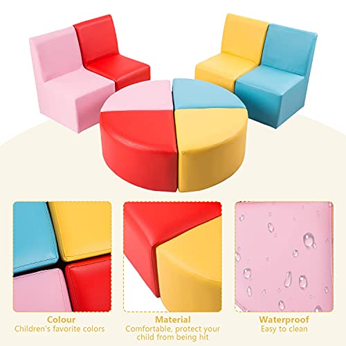 Kinsuite Kids Sofa Seating Set Convert to Table and 4 Chairs Colorful Stools for Toddlers Soft Foam Play 8 PCs Set for Classroom