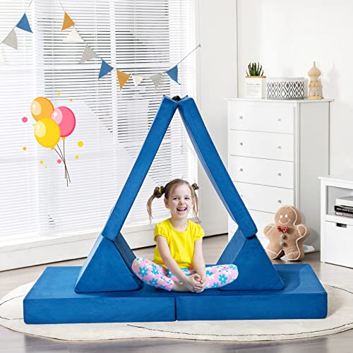 Costzon Convertible Kids Couch, 6-Piece Modular Sofa Playset / 2 Chair for Boy Girl w/Folding Mats & 2 Triangular Pillows, Washable Cover, Toddler to Teen Bedroom Playroom Furniture Activity Center