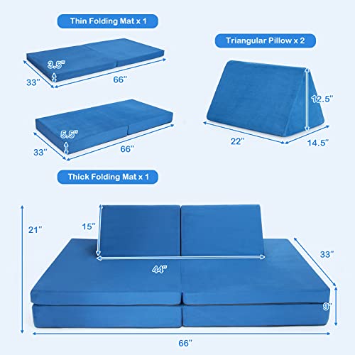 Costzon Convertible Kids Couch, 6-Piece Modular Sofa Playset / 2 Chair for Boy Girl w/Folding Mats & 2 Triangular Pillows, Washable Cover, Toddler to Teen Bedroom Playroom Furniture Activity Center