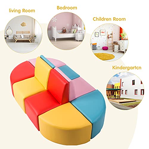 Kinsuite Kids Sofa Seating Set Convert to Table and 4 Chairs Colorful Stools for Toddlers Soft Foam Play 8 PCs Set for Classroom