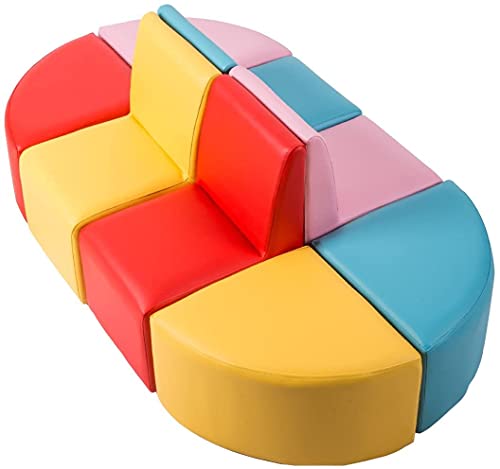 Kinsuite Kids Sofa Seating Set Convert to Table and 4 Chairs Colorful Stools for Toddlers Soft Foam Play 8 PCs Set for Classroom