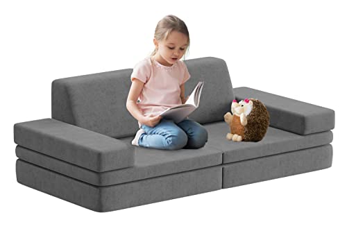 Go Beyond 6-Piece Kids Couch and Toddler Couch, Kids Floor Sofa, Floor Couch for Babies Playroom Bedroom, Modular Foam Play Couch Indoor Outdoor with Washable Covers (Gray Large)