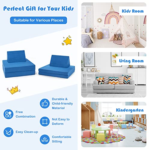 Costzon Convertible Kids Couch, 6-Piece Modular Sofa Playset / 2 Chair for Boy Girl w/Folding Mats & 2 Triangular Pillows, Washable Cover, Toddler to Teen Bedroom Playroom Furniture Activity Center