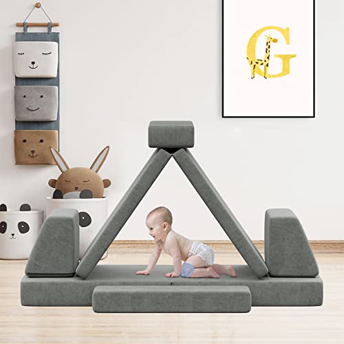 Go Beyond 6-Piece Kids Couch and Toddler Couch, Kids Floor Sofa, Floor Couch for Babies Playroom Bedroom, Modular Foam Play Couch Indoor Outdoor with Washable Covers (Gray Large)