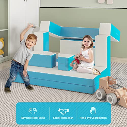 linor Kids Couch Sofa Modular Toddler Couch for Bedroom Playroom, 8 Pcs Fold Out Couch Play Set for Imaginative Kids, Creative Baby Couch Children Convertible Sofa for Activity Center (Blue)
