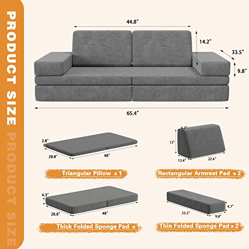 Go Beyond 6-Piece Kids Couch and Toddler Couch, Kids Floor Sofa, Floor Couch for Babies Playroom Bedroom, Modular Foam Play Couch Indoor Outdoor with Washable Covers (Gray Large)