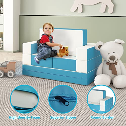 linor Kids Couch Sofa Modular Toddler Couch for Bedroom Playroom, 8 Pcs Fold Out Couch Play Set for Imaginative Kids, Creative Baby Couch Children Convertible Sofa for Activity Center (Blue)