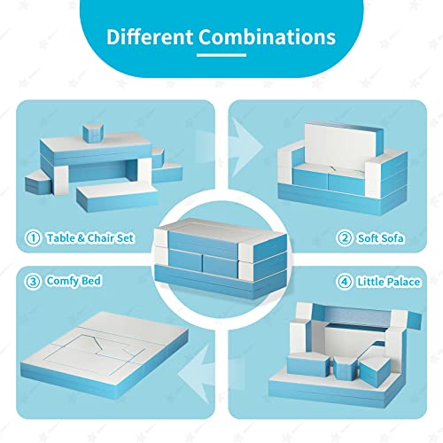 linor Kids Couch Sofa Modular Toddler Couch for Bedroom Playroom, 8 Pcs Fold Out Couch Play Set for Imaginative Kids, Creative Baby Couch Children Convertible Sofa for Activity Center (Blue)