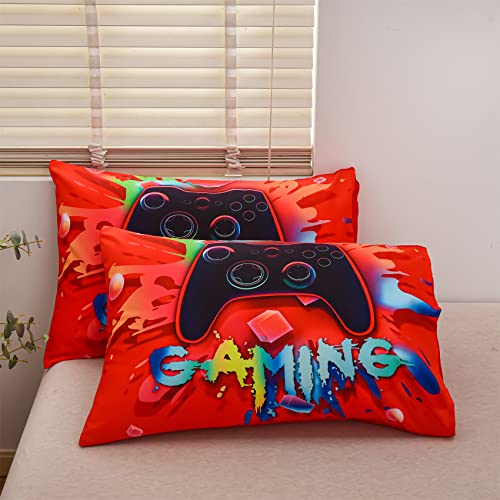 Aimuan Gaming Comforter Sets for Boys Kids Bedding Sets Video Games Console Action Buttons Novelty Colorful Game Gamepad Controller Modern Gamer Room Decor Home Quilt Set (Twin, Red)