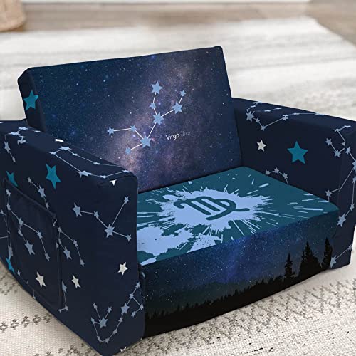 fond + found Kids Sofa, Constellation Zodiac Sign Toddler Couch 2-in-1 Convertible Sofa to Lounger, Starry Sky Flip Open Couch & Sleeper, Toddler Chair Kids Couch for Kids Girls Boys