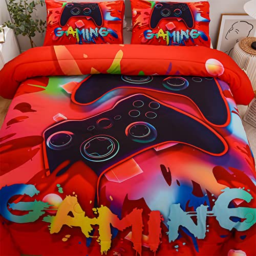 Aimuan Gaming Comforter Sets for Boys Kids Bedding Sets Video Games Console Action Buttons Novelty Colorful Game Gamepad Controller Modern Gamer Room Decor Home Quilt Set (Twin, Red)