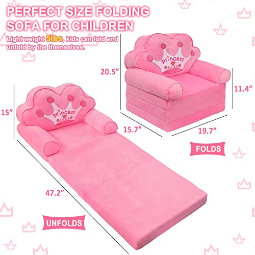 harhoers Kids Couch Fold Out,Foldable Kids Sofa Toddler for Bedroom,Toddler Couch Bed for Girl Princess Chair for Toddlers 1-3| Comfy Kids Couch for Kids Age 1-3 (Pink) (Pink)