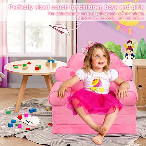 harhoers Kids Couch Fold Out,Foldable Kids Sofa Toddler for Bedroom,Toddler Couch Bed for Girl Princess Chair for Toddlers 1-3| Comfy Kids Couch for Kids Age 1-3 (Pink) (Pink)