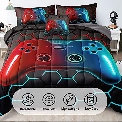 Z.Jian HOME 5 Pieces Gaming Bedding Set Twin Size for Boys Gamer Comforter Set for Boys Girls Kids Teens 5 Piece Bed in A Bag Video Game Bedding for Gamer Room Decorative Twin49