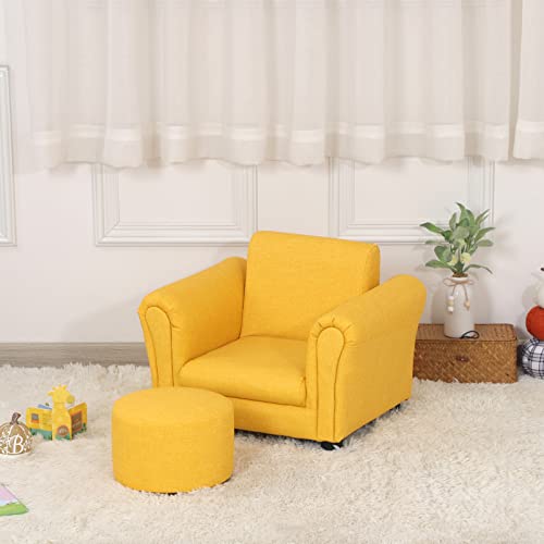 Getifun Kids Sofa Chair with Ottoman/PVC Leather Toddler Couch with Plastic Legs/Upholstered Children Armchair for Kids Under 4 Years Old/Single Seat with Stool (Yellow)