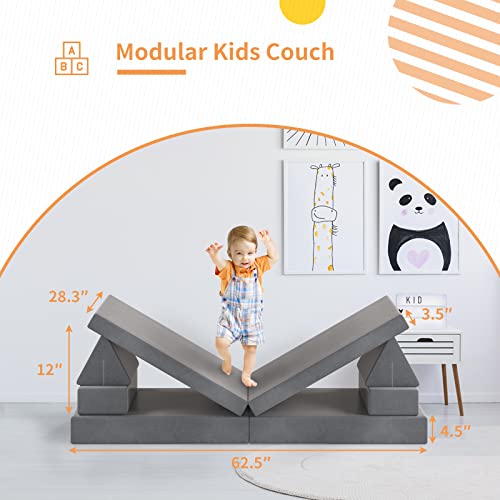 linor Kids Couch, Modular Designed Baby Couch for Kids/Foldable Loveseat &Fold Out Ottoman, Lounger, with Washable and Durable Covers (Charcoal)