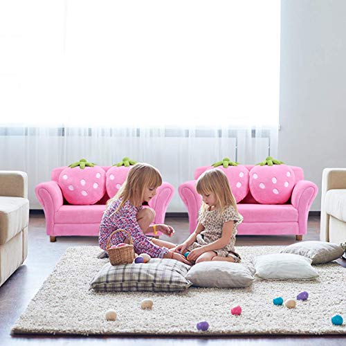 HONEY JOY Toddler Couch with Two Strawberry Pillows, Children Upholstered Loveseat Lounge Bed, Coral Fleece Surface & Studry Wood Frame, Double Seat Kid Sofa for Playroom Bedroom (Pink)