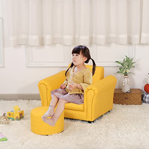 Getifun Kids Sofa Chair with Ottoman/PVC Leather Toddler Couch with Plastic Legs/Upholstered Children Armchair for Kids Under 4 Years Old/Single Seat with Stool (Yellow)