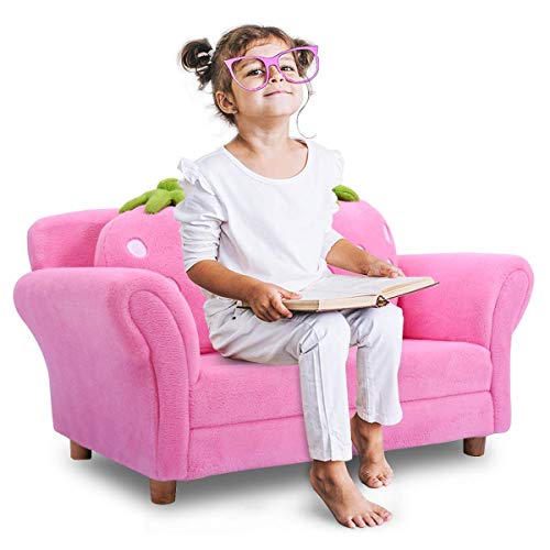 HONEY JOY Toddler Couch with Two Strawberry Pillows, Children Upholstered Loveseat Lounge Bed, Coral Fleece Surface & Studry Wood Frame, Double Seat Kid Sofa for Playroom Bedroom (Pink)