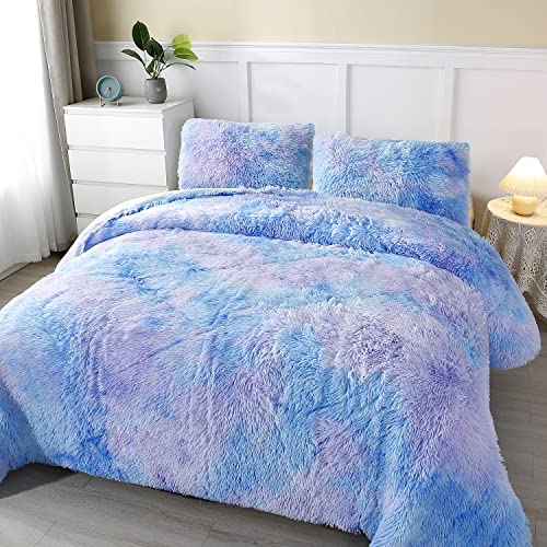 PERFEMET Blue Plush Shaggy Comforter Set Queen Size Tie Dye Faux Fur Fluffy Comforter Bedding Set Colorful Rainbow Furry Velvet Duvet Quilted Set for Teens Girls (Blue Ombre, Queen)